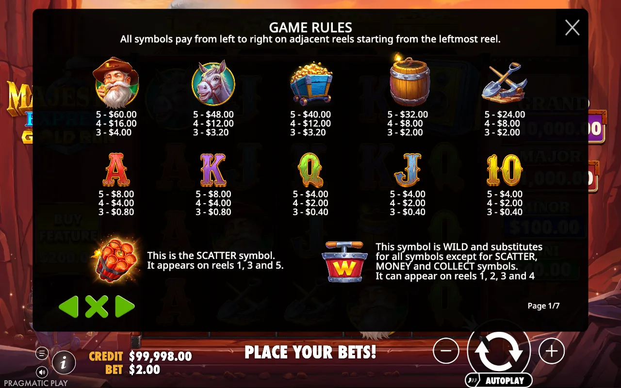Game rules, page 1 — Majestic Express Gold Run