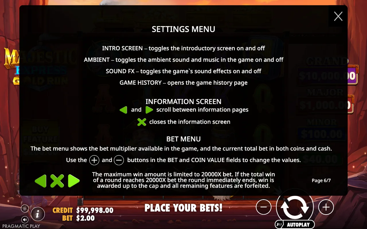 Settings menu — Majestic Express Gold Run