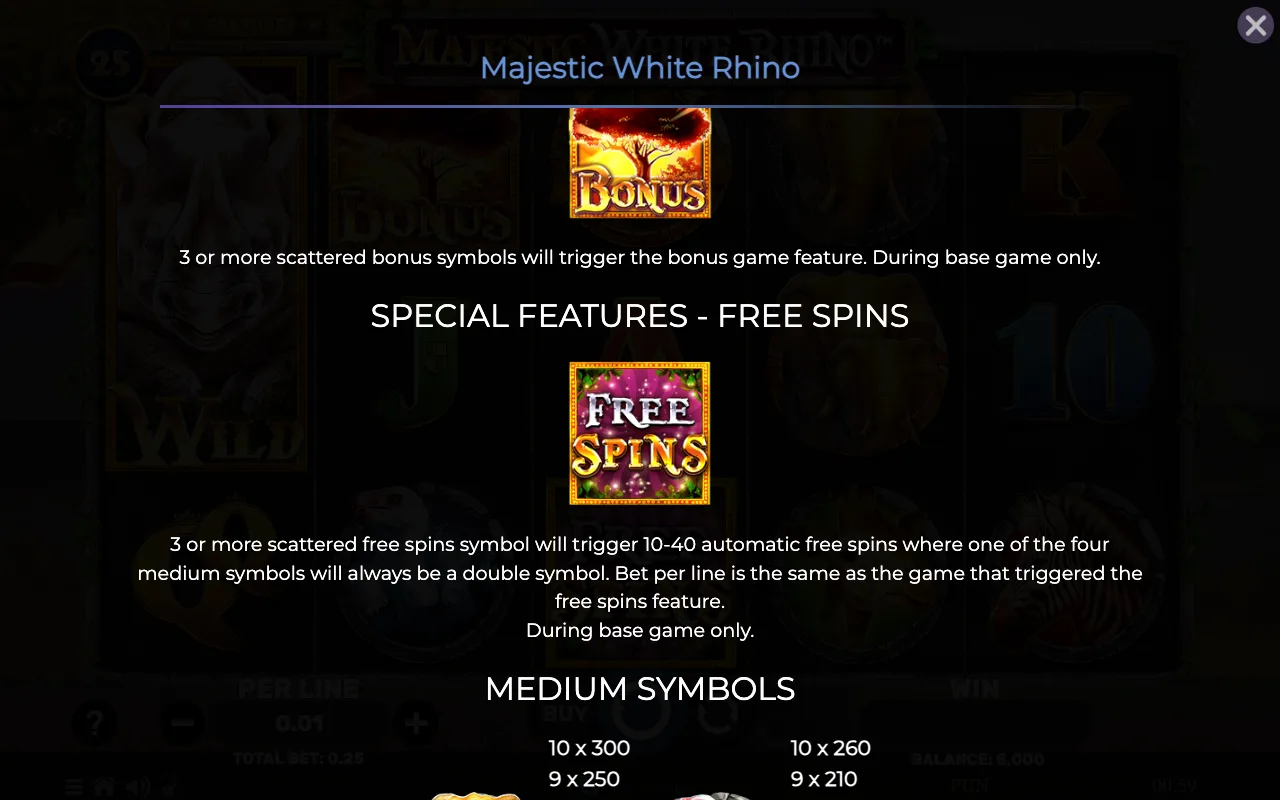 Special features - free spins — Majestic White Rhino