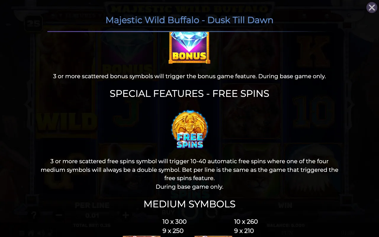 Special features - free spins — Majestic Wild Buffalo Dusk Till Dawn