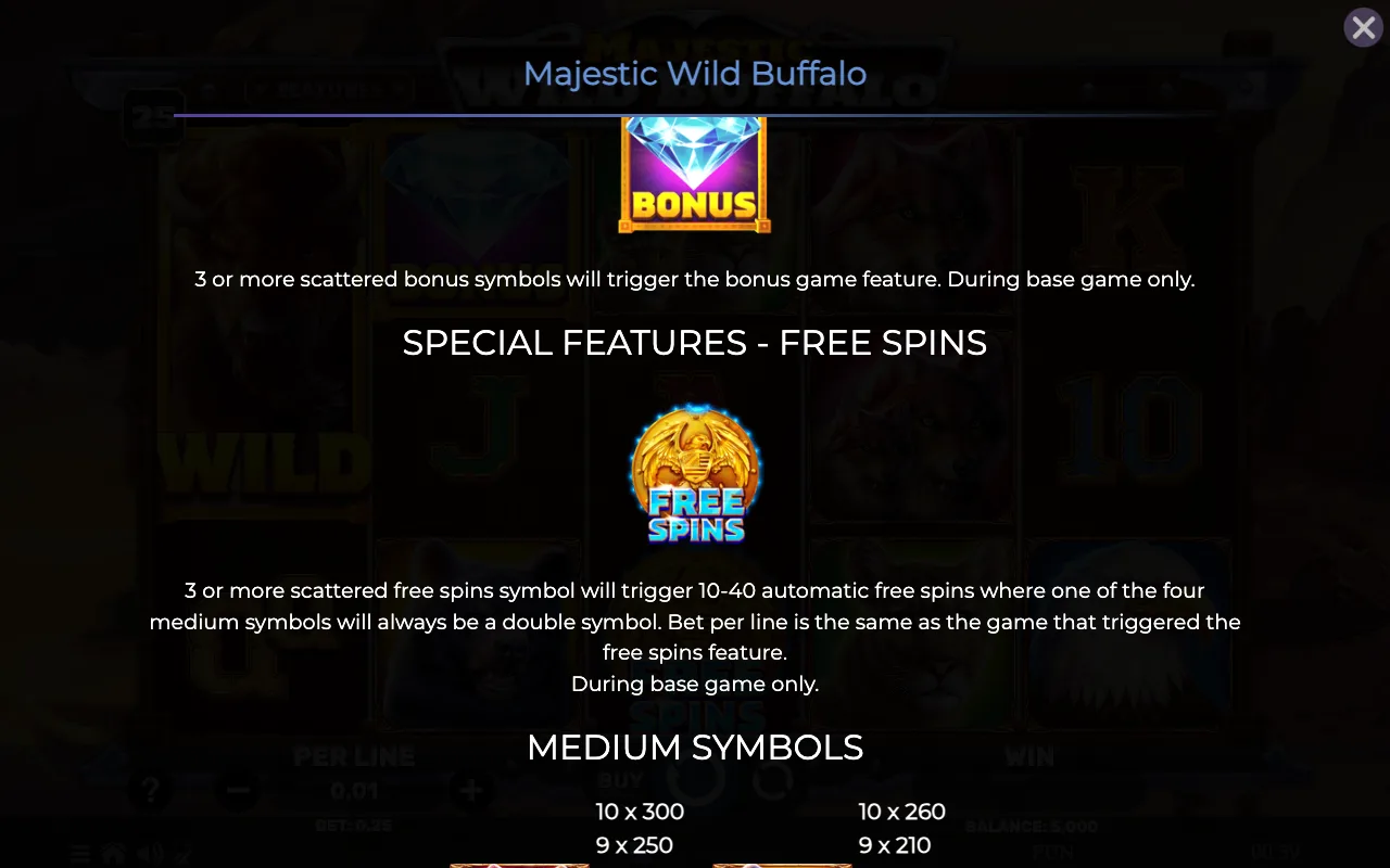 Special features - free spins — Majestic Wild Buffalo
