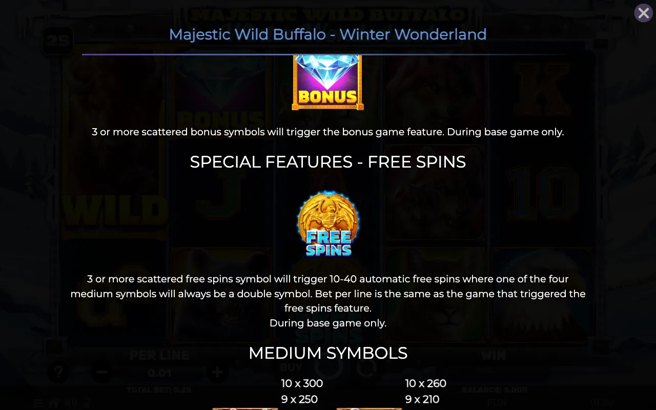 Special features - free spins — Majestic Wild Buffalo Winter Wonderland