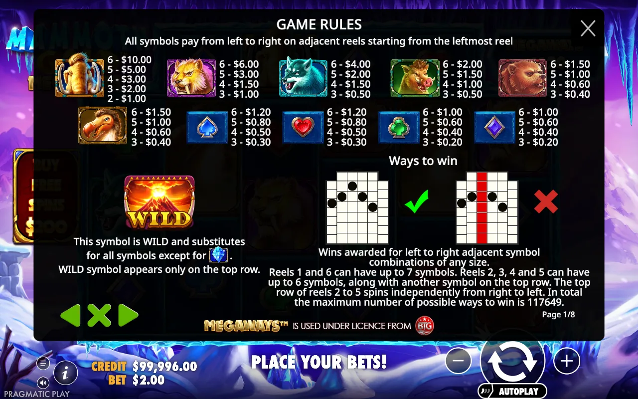 Game rules, page 1 — Mammoth Gold Megaways