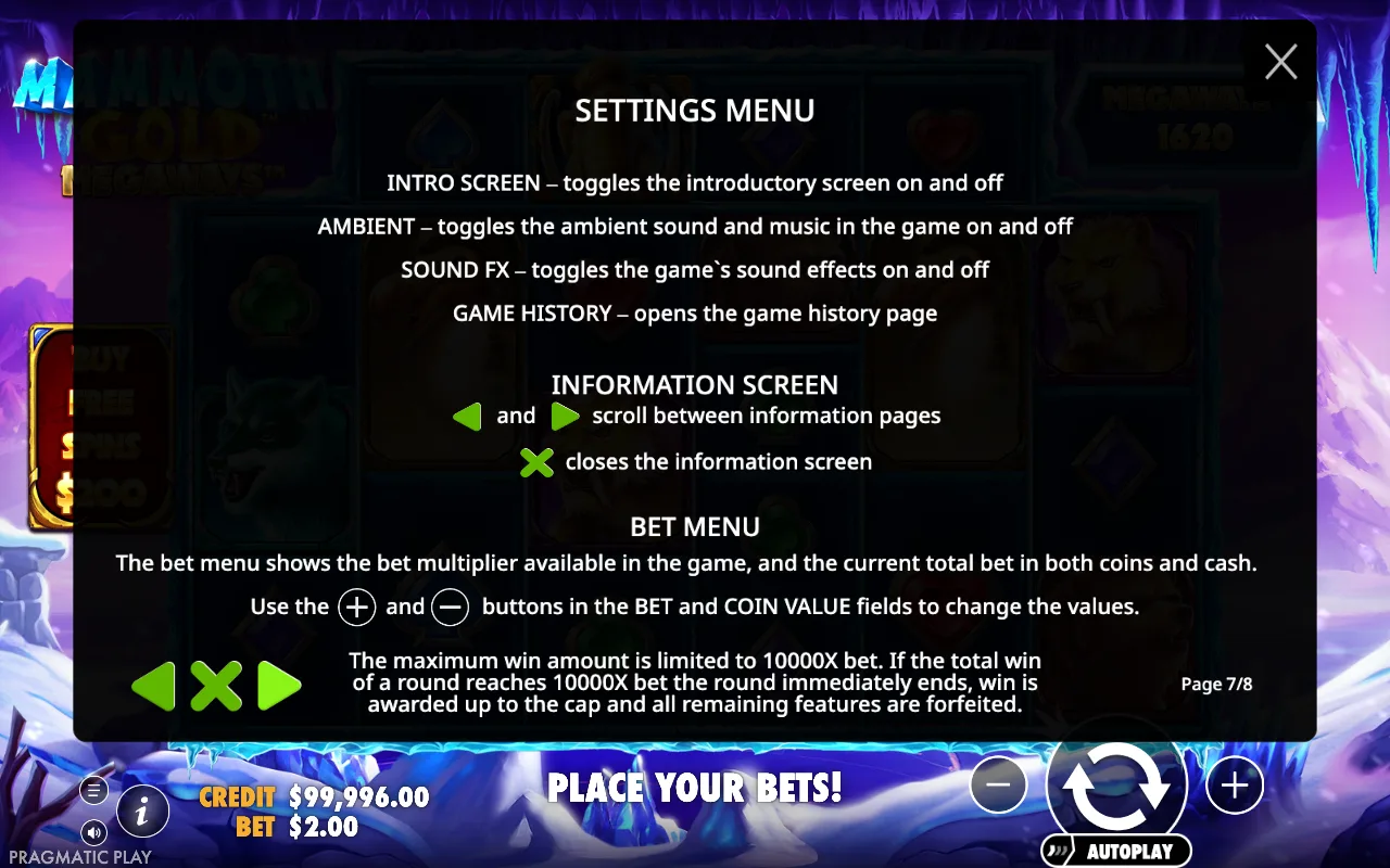 Settings menu — Mammoth Gold Megaways