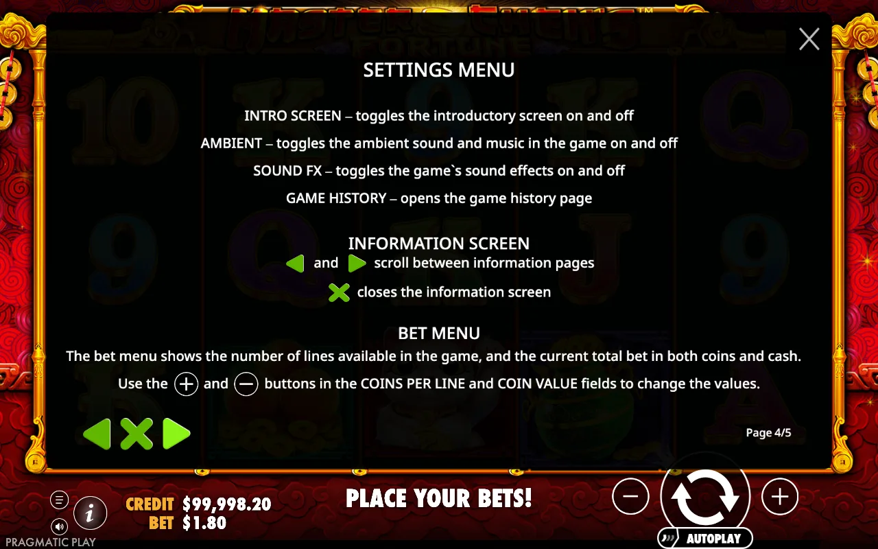 Settings menu — Master Chen's Fortune