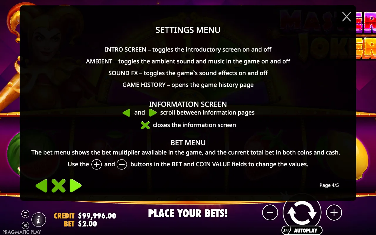 Settings menu — Master Joker