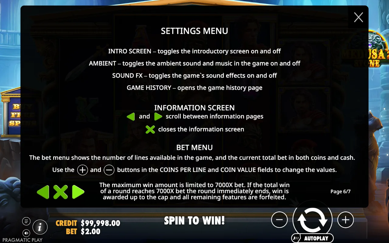 Settings menu — Medusa's Stone