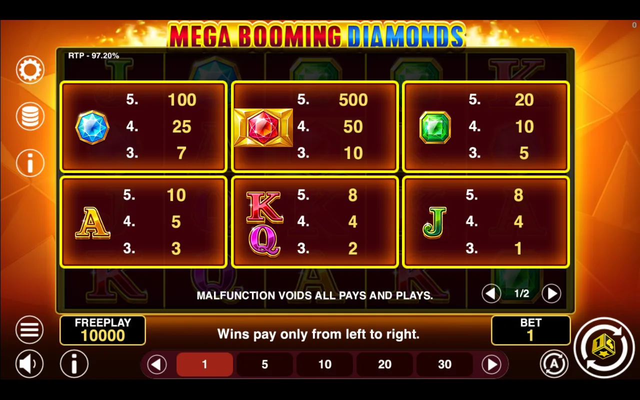 Game rules, page 1 — Mega Booming Diamonds