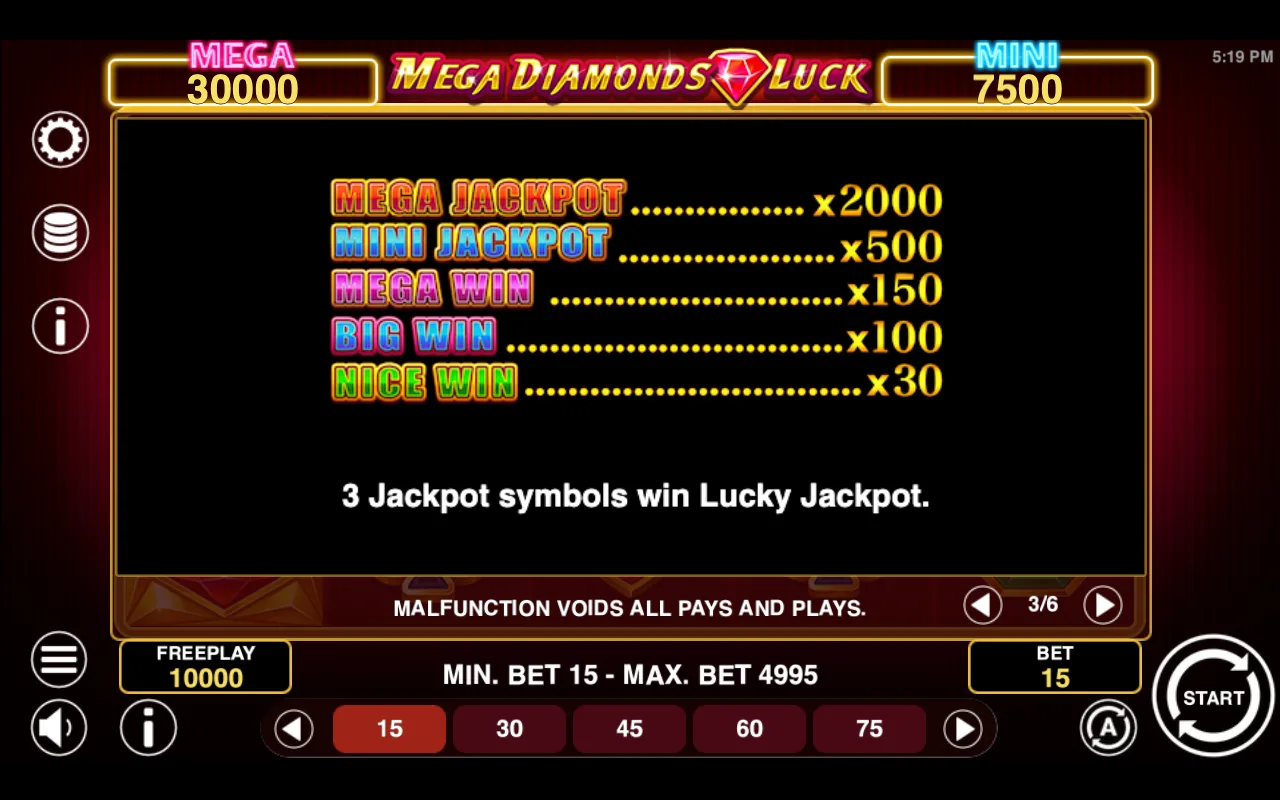 Game rules, page 3 — Mega Diamonds Luck