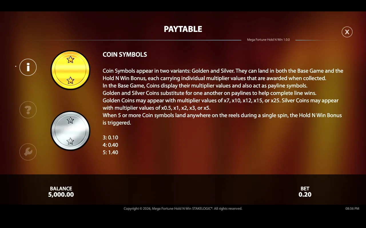 Paytable — Mega Fortune Hold n Win