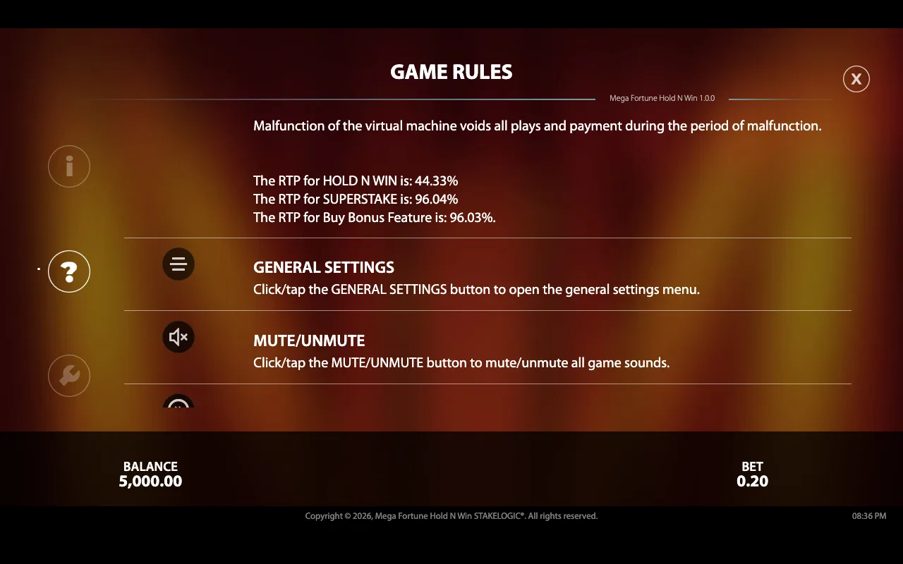 Game rules — Mega Fortune Hold n Win