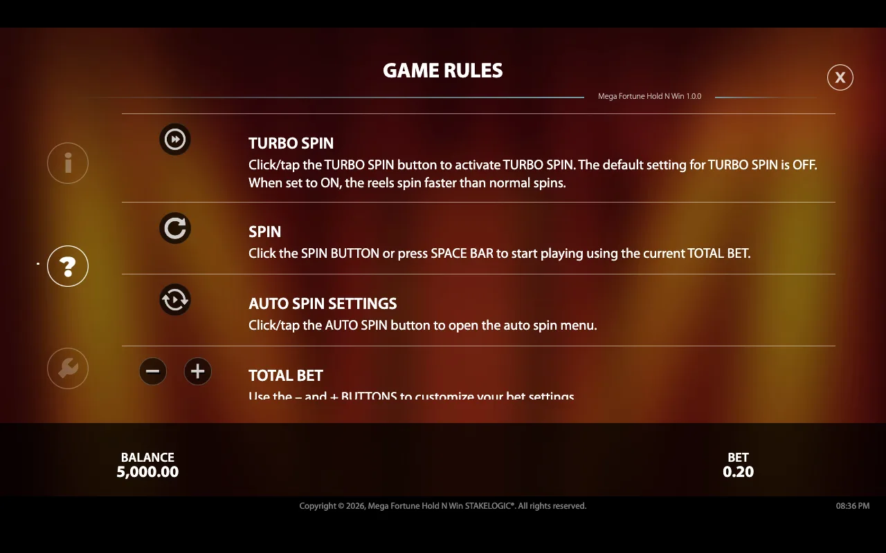 Game rules — Mega Fortune Hold n Win