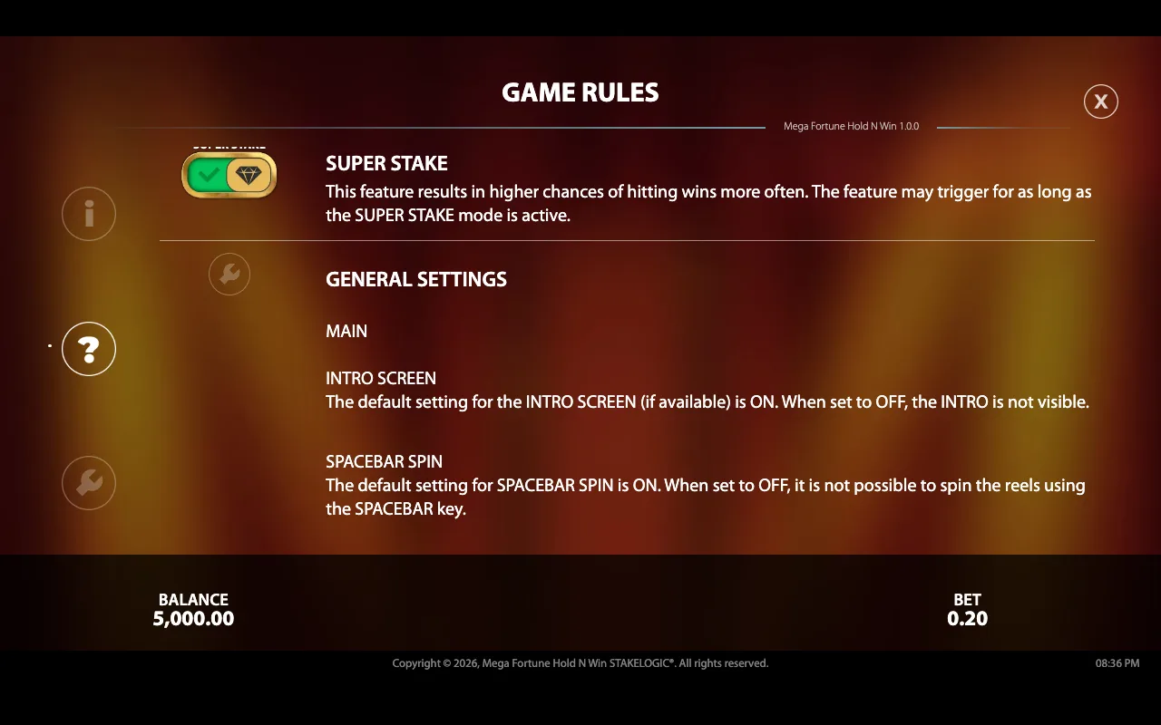 Game rules — Mega Fortune Hold n Win