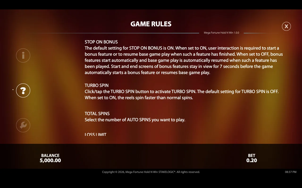 Game rules — Mega Fortune Hold n Win