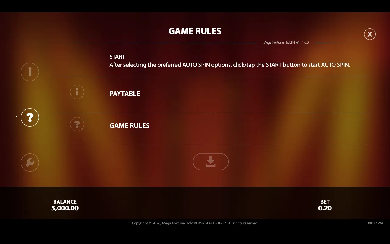 Game rules — Mega Fortune Hold n Win