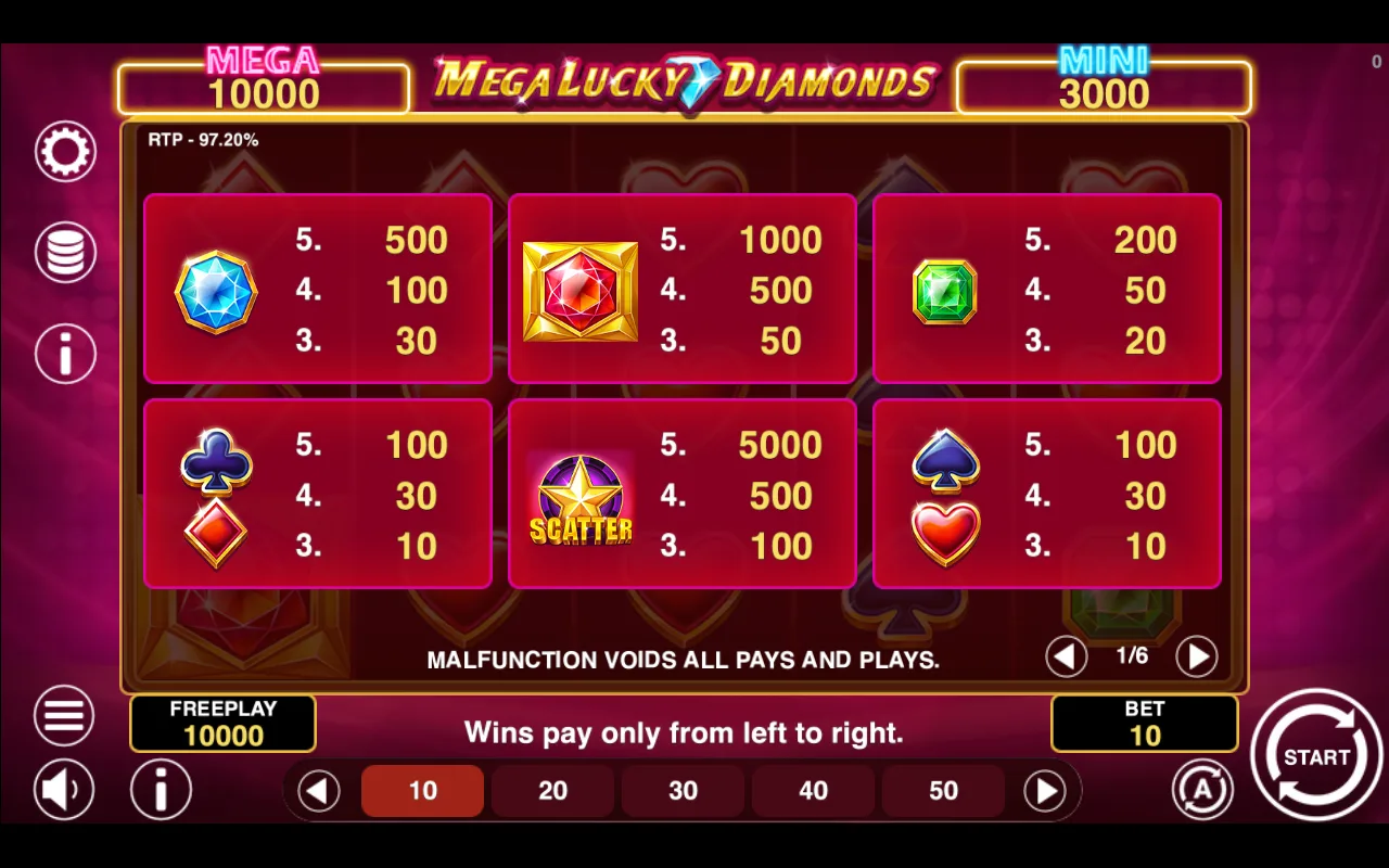 Game rules, page 1 — Mega Lucky Diamonds