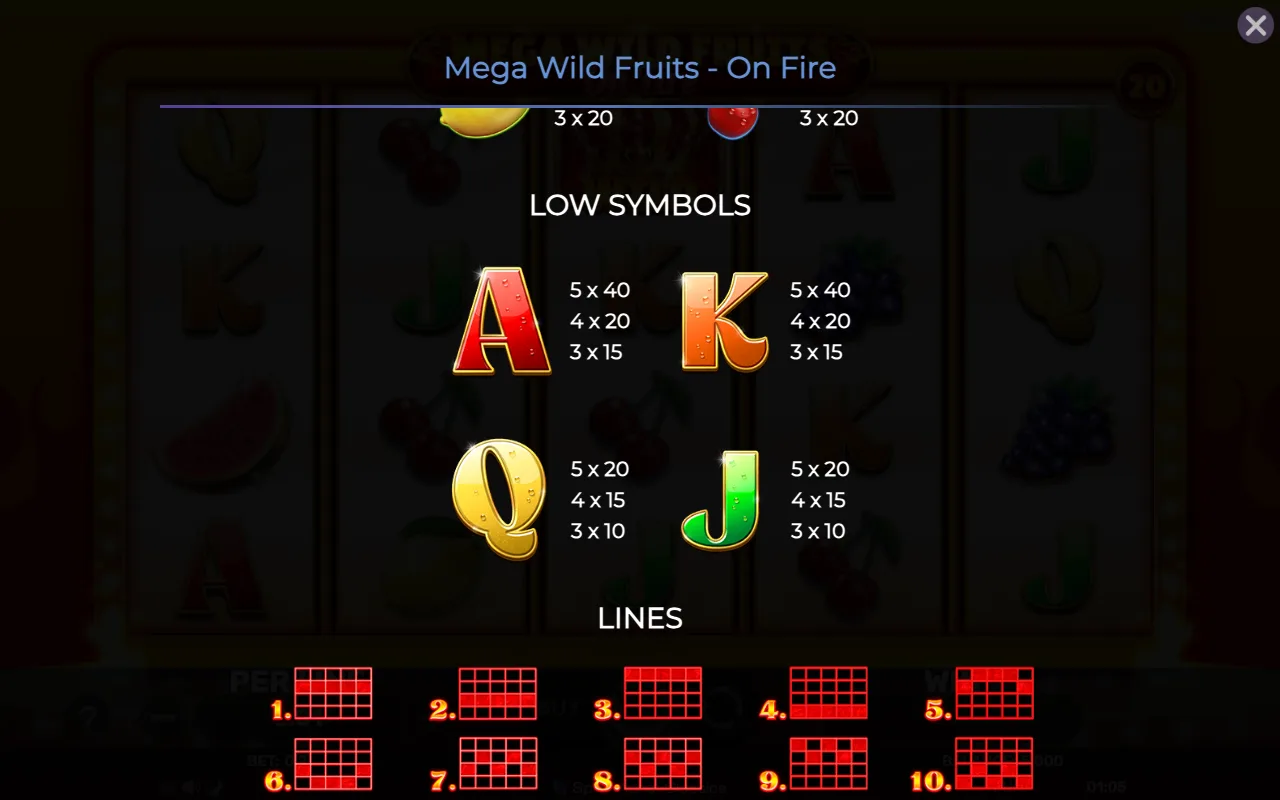Low symbols — Mega Wild Fruits on Fire