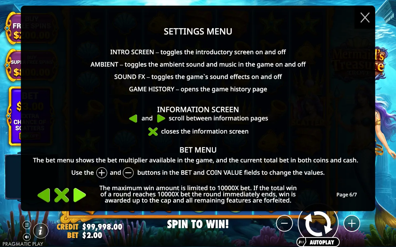 Settings menu — Mermaid's Treasure Trove