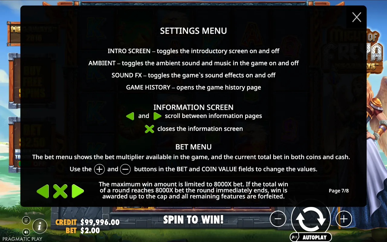 Settings menu — Might of Freya Megaways