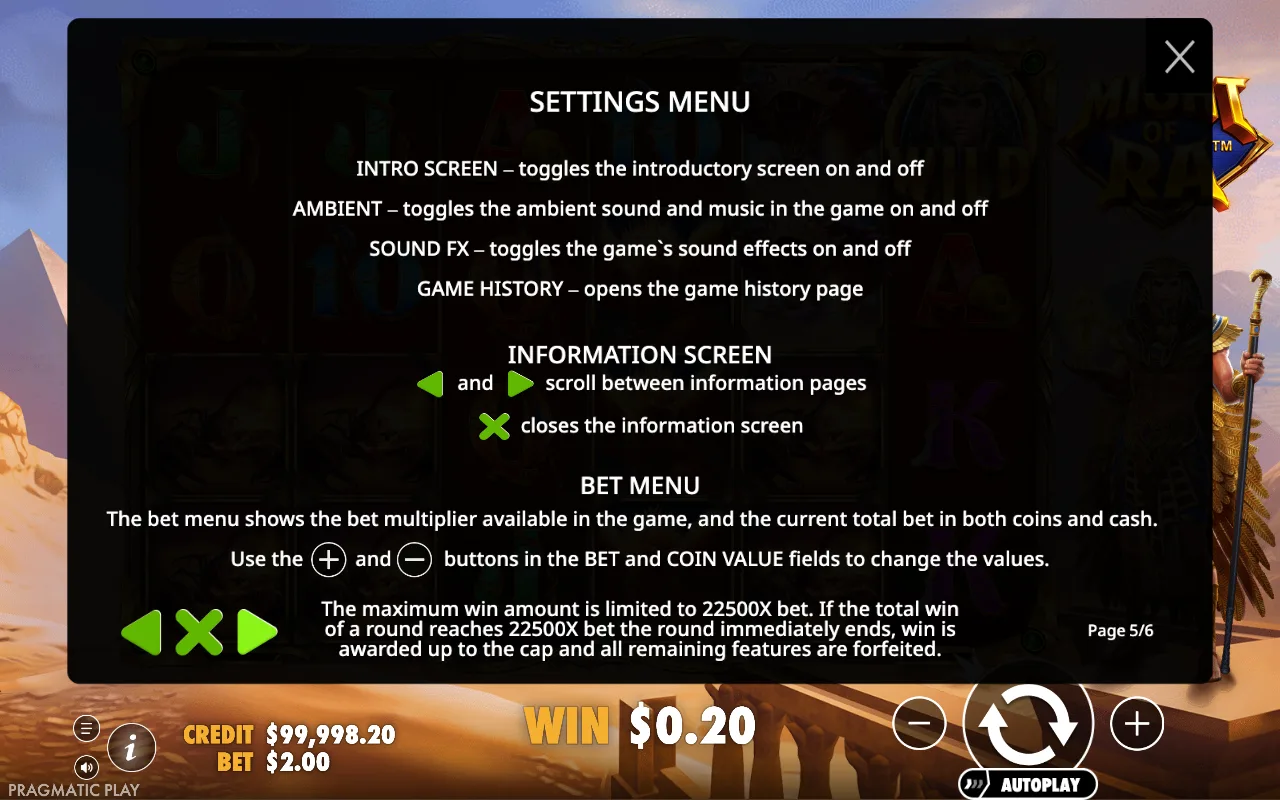 Settings menu — Might of Ra