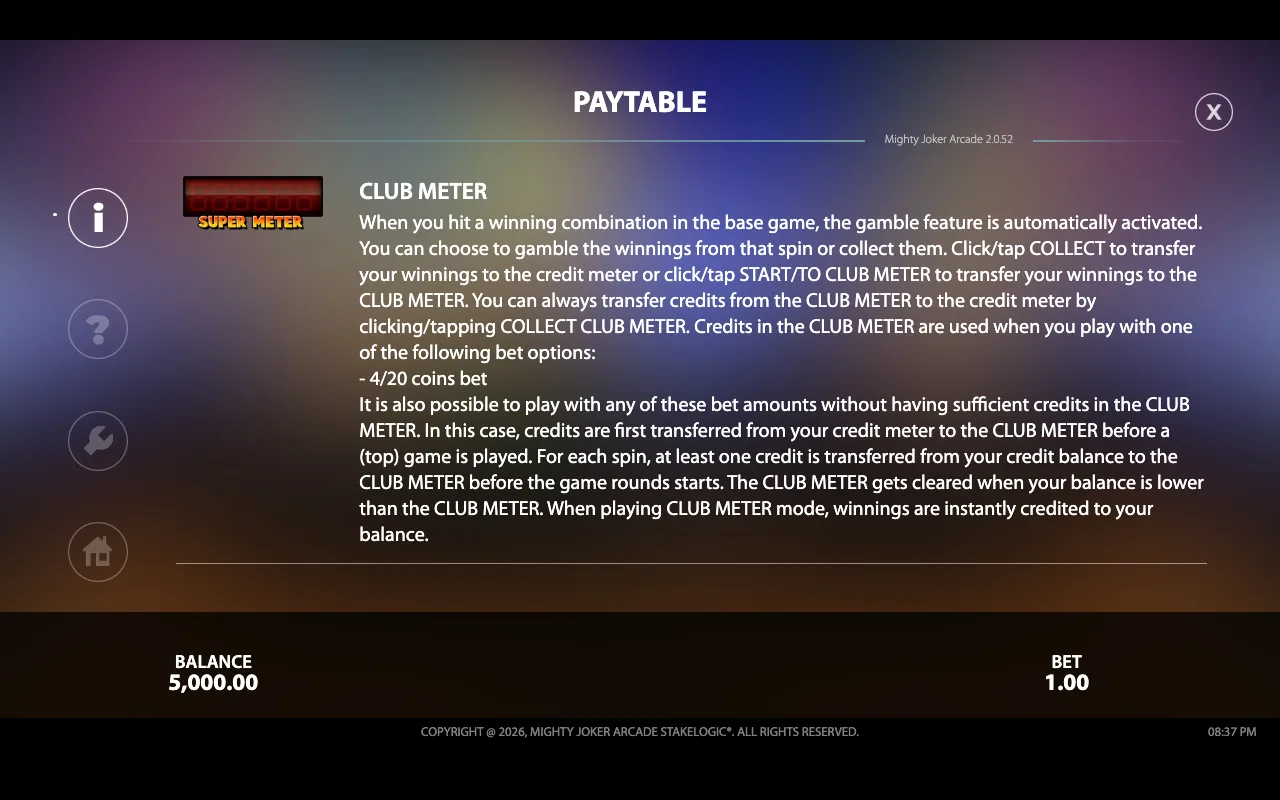 Paytable — Mighty Joker Arcade