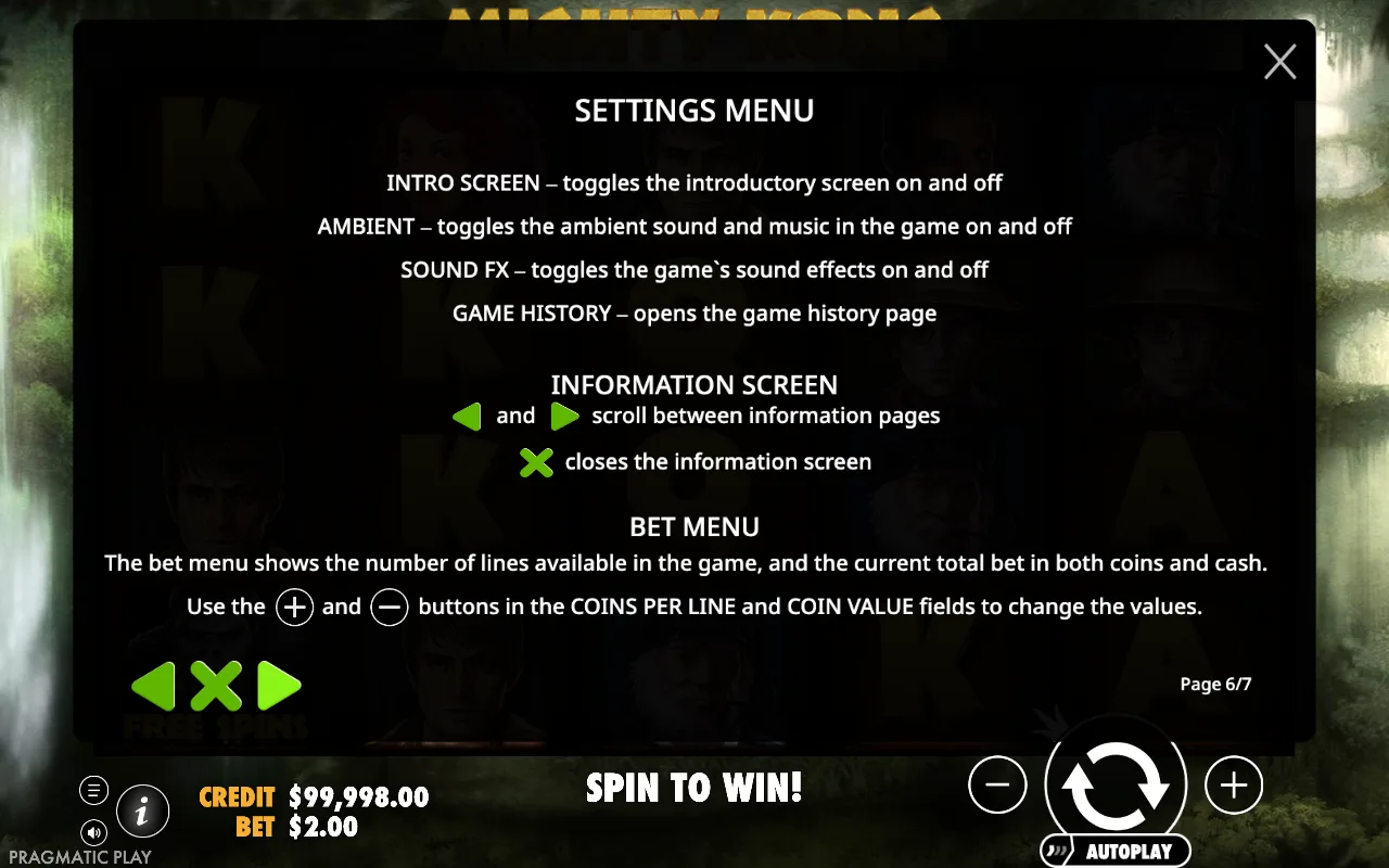 Settings menu — Mighty Kong
