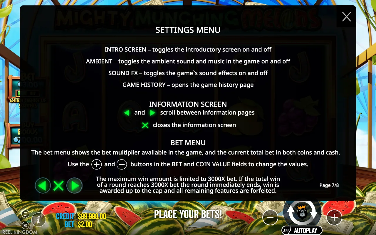 Settings menu — Mighty Munching Melons