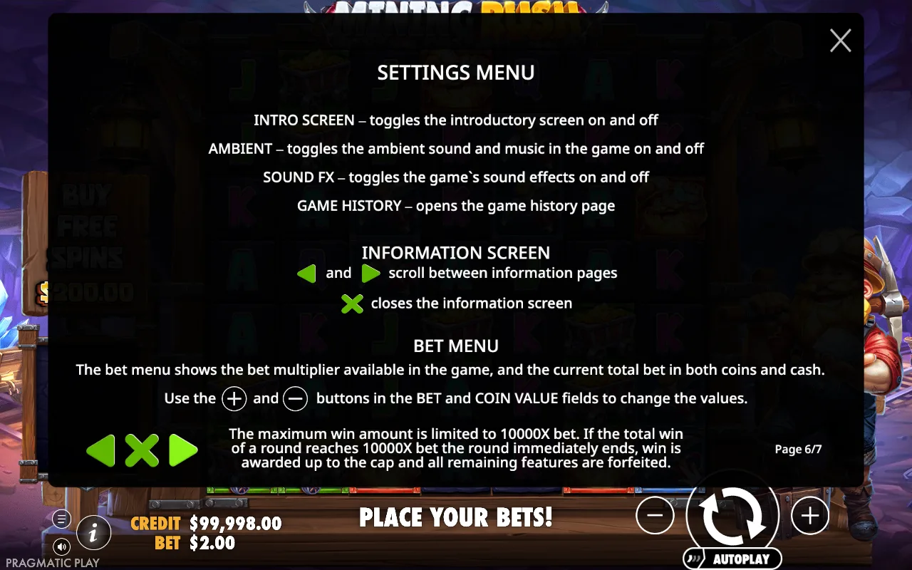 Settings menu — Mining Rush
