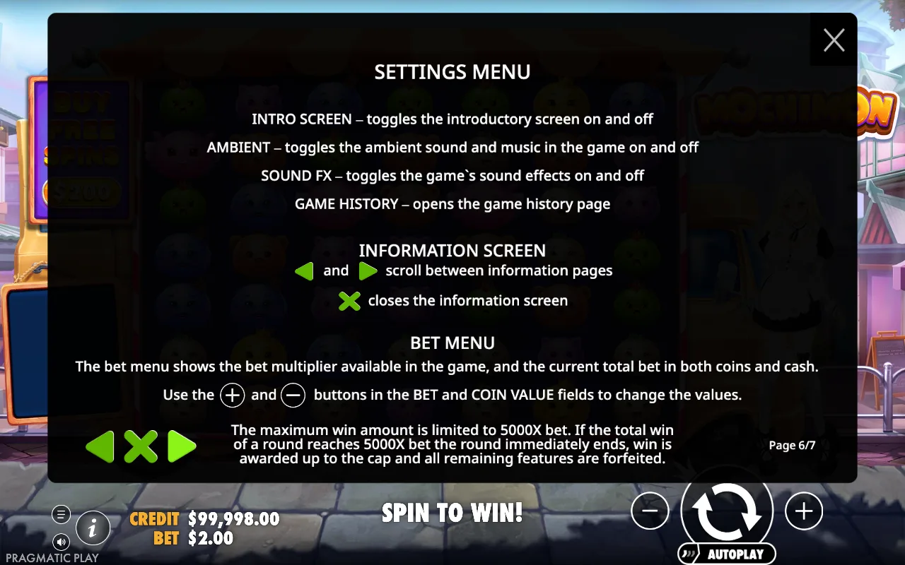 Settings menu — Mochimon