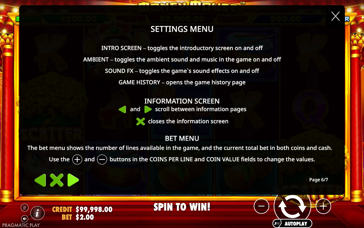 Settings menu — Money Mouse
