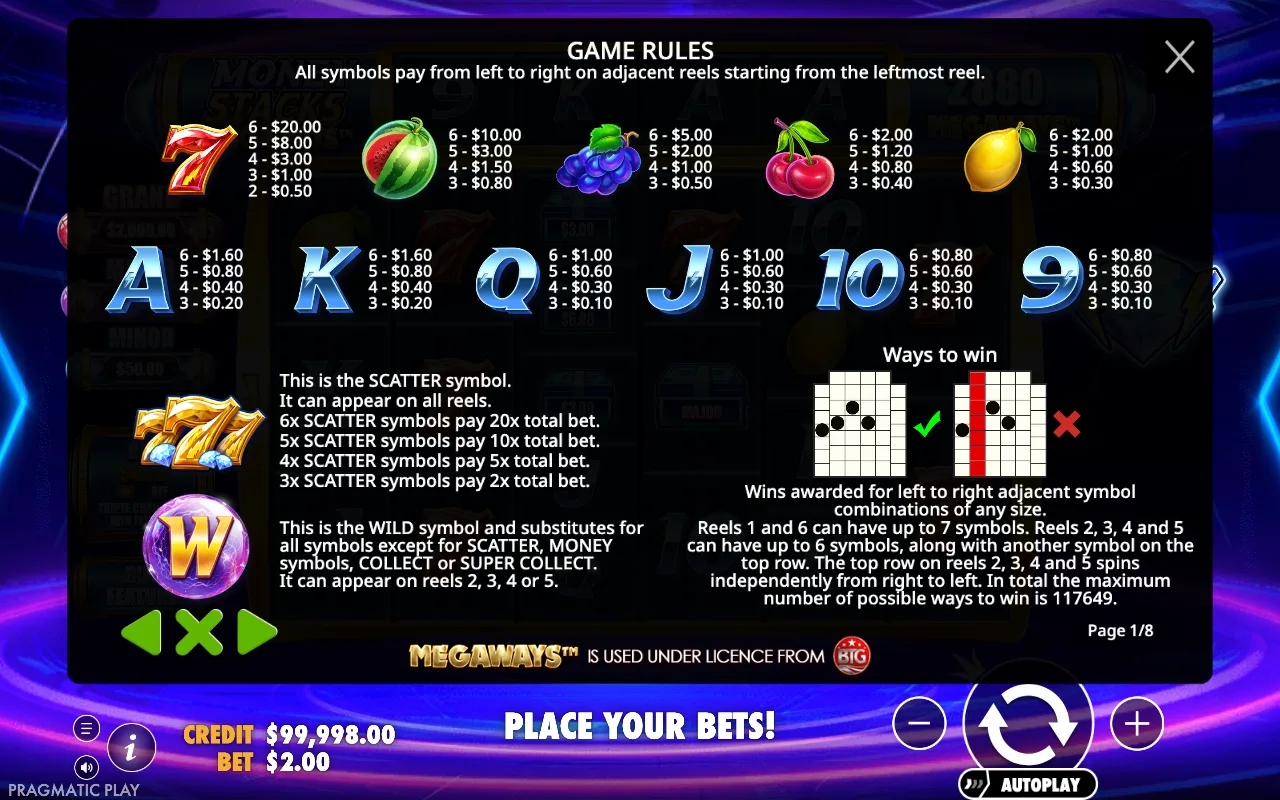 Game rules, page 1 — Money Stacks Megaways