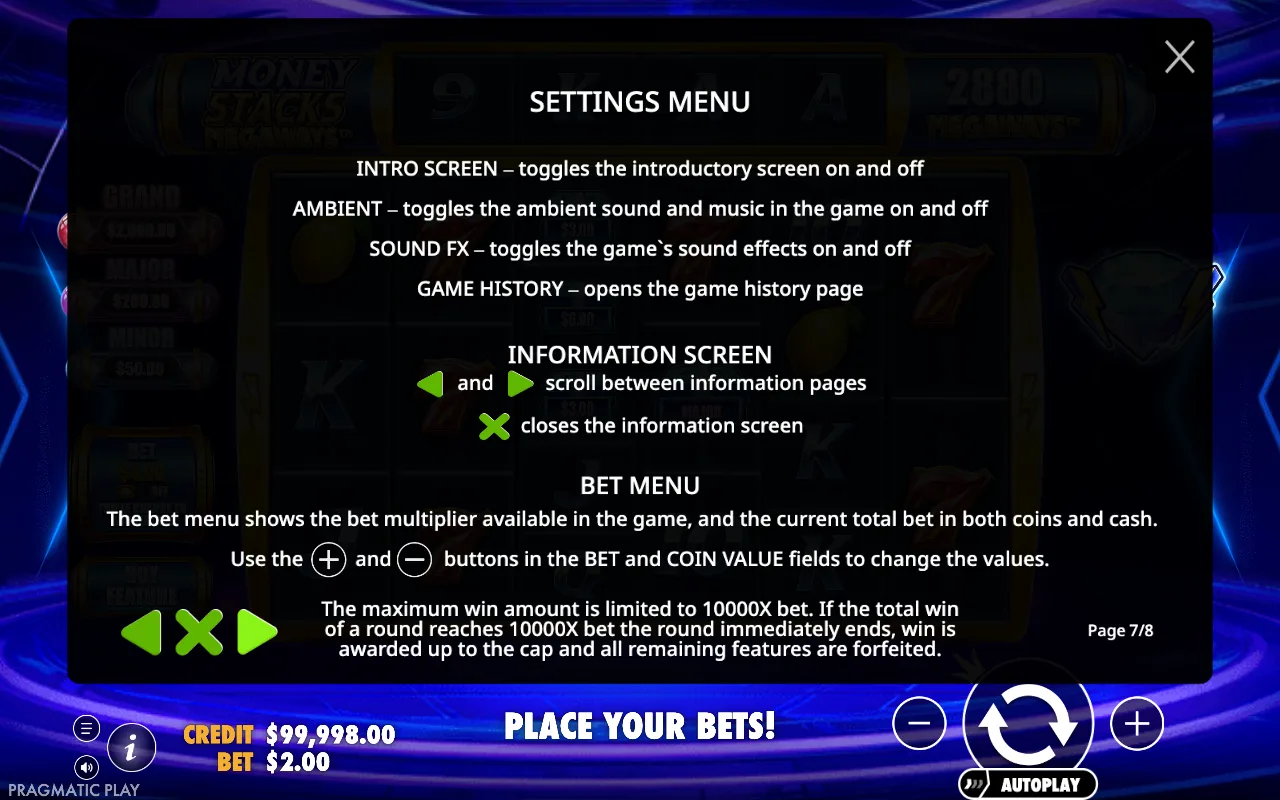 Settings menu — Money Stacks Megaways
