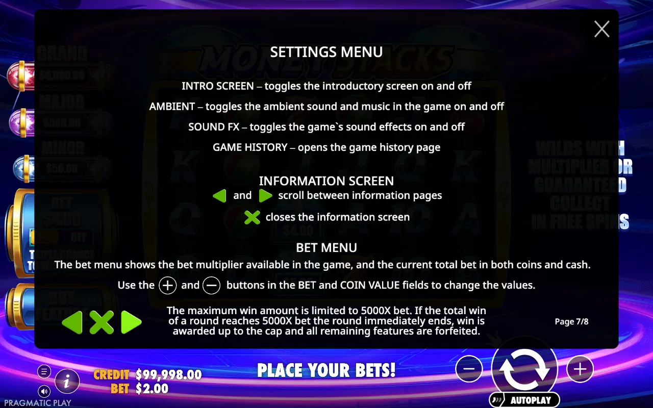 Settings menu — Money Stacks