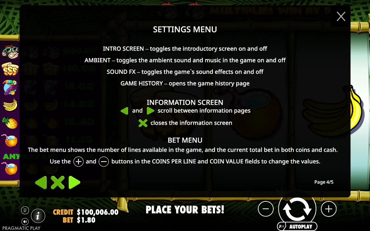 Settings menu — Monkey Madness
