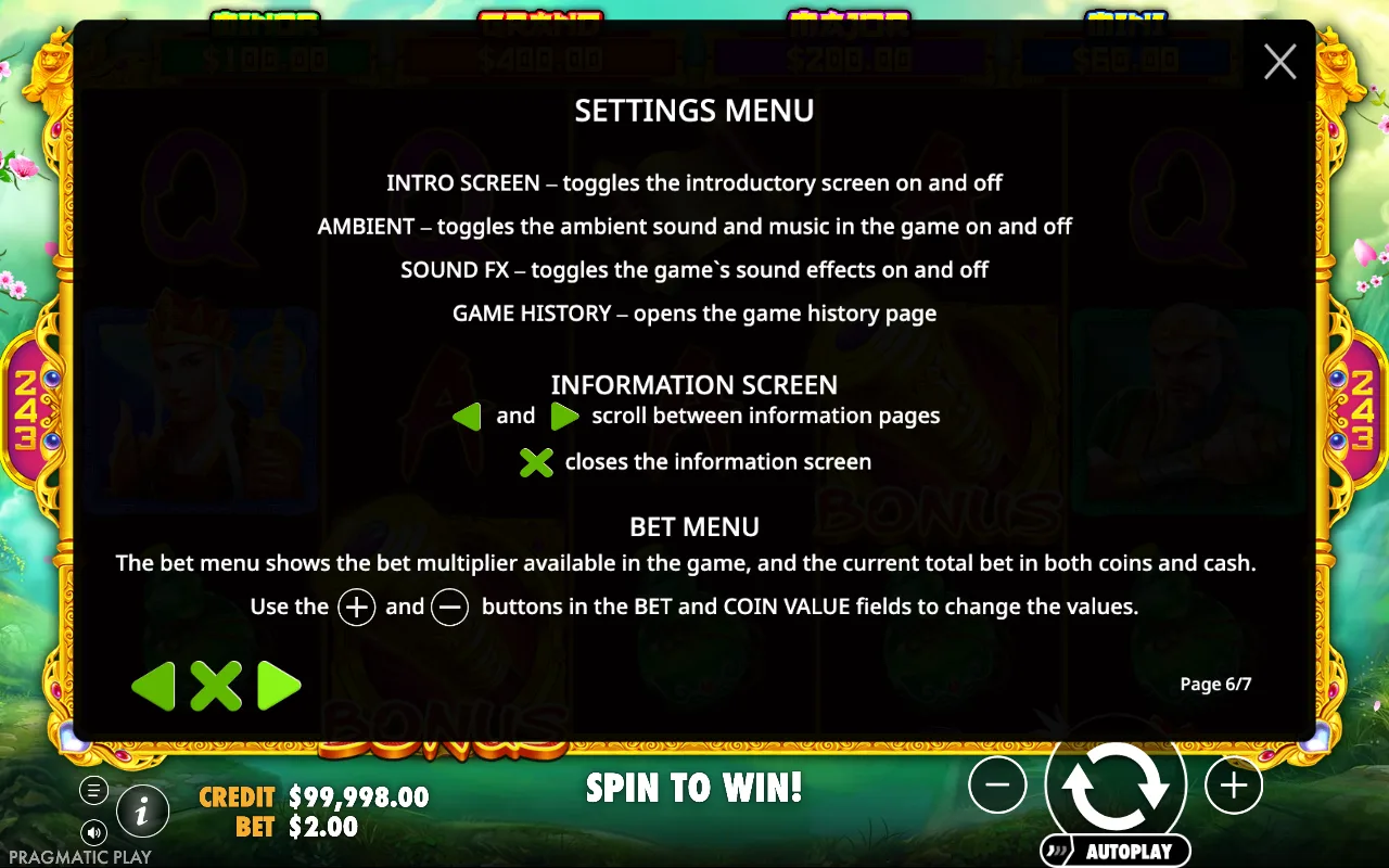 Settings menu — Monkey Warrior