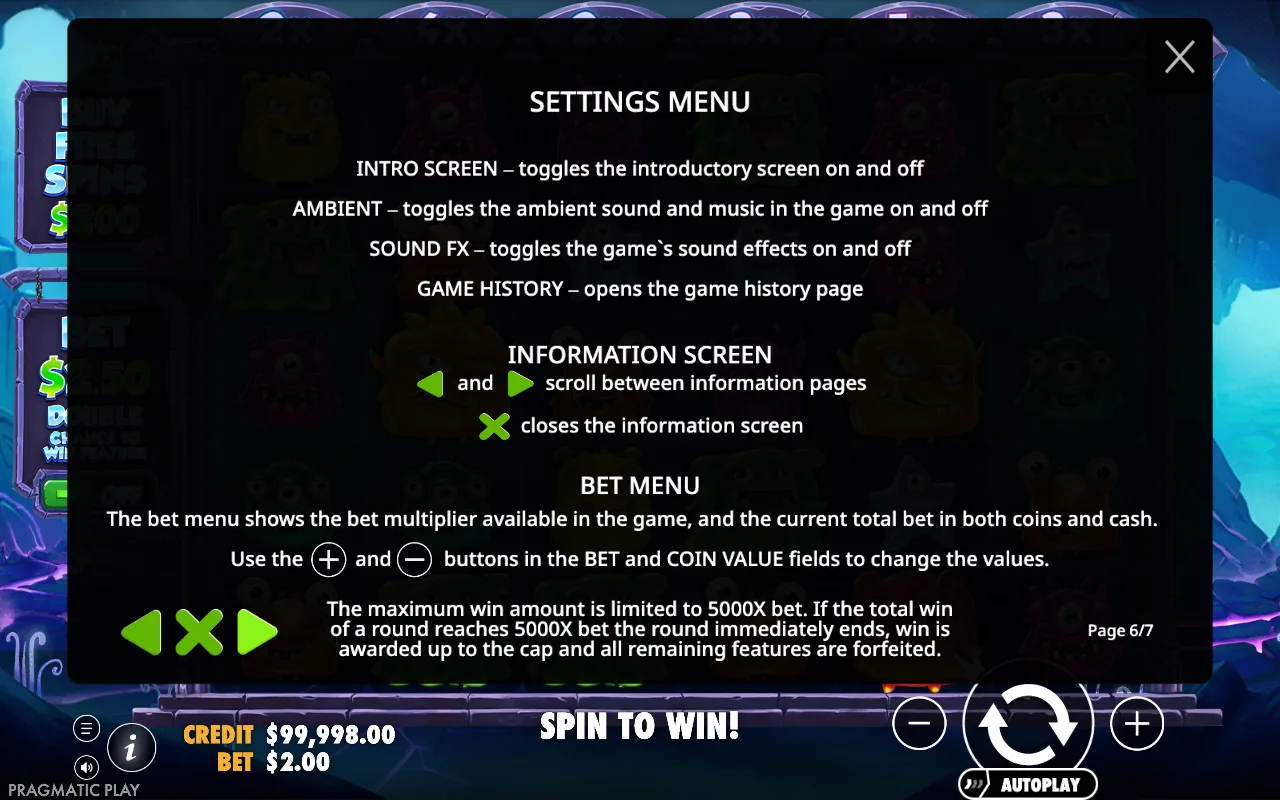 Settings menu — Monster Superlanche