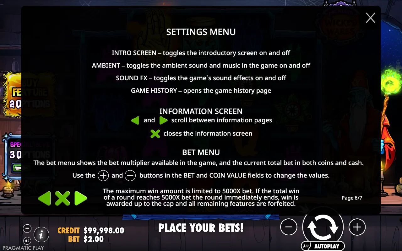 Settings menu — Mr Null's Wicked Wares