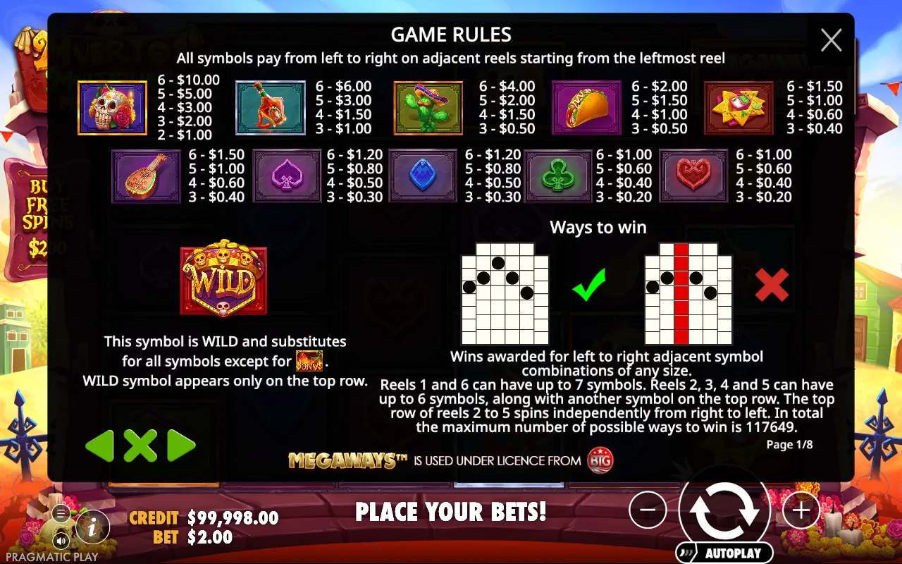 Game rules, page 1 — Muertos Multiplier Megaways