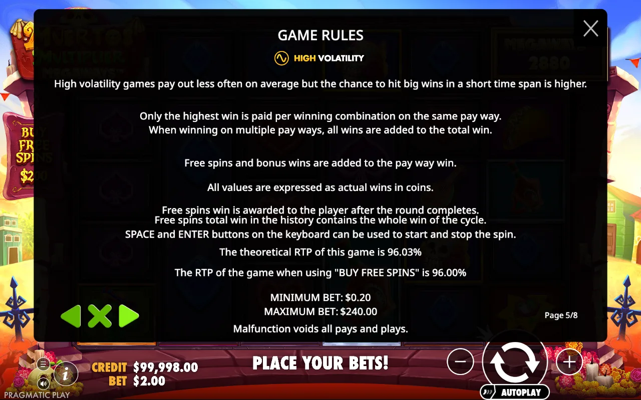 Game rules — Muertos Multiplier Megaways