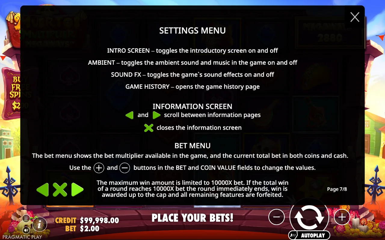Settings menu — Muertos Multiplier Megaways
