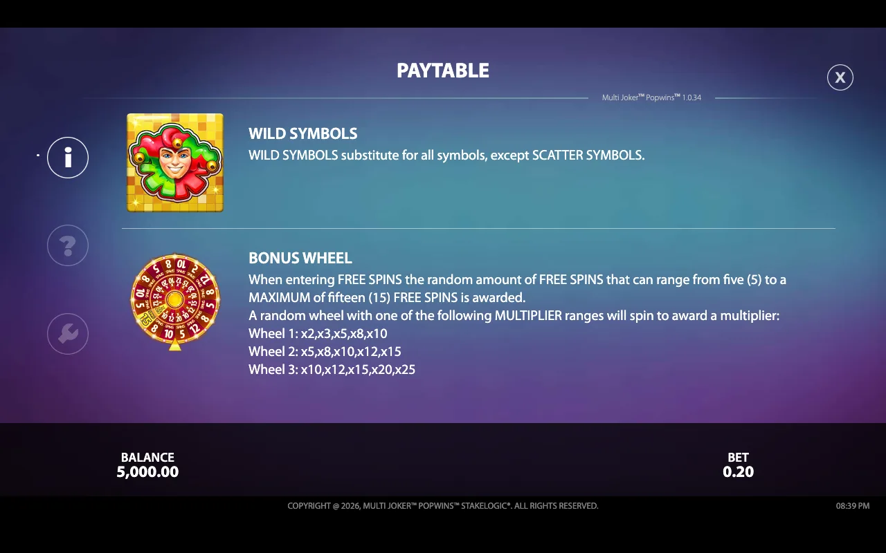 Paytable — Multi Joker Popwins