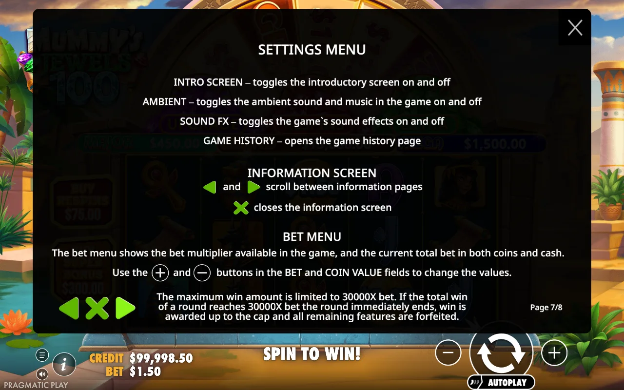 Settings menu — Mummy's Jewels 100