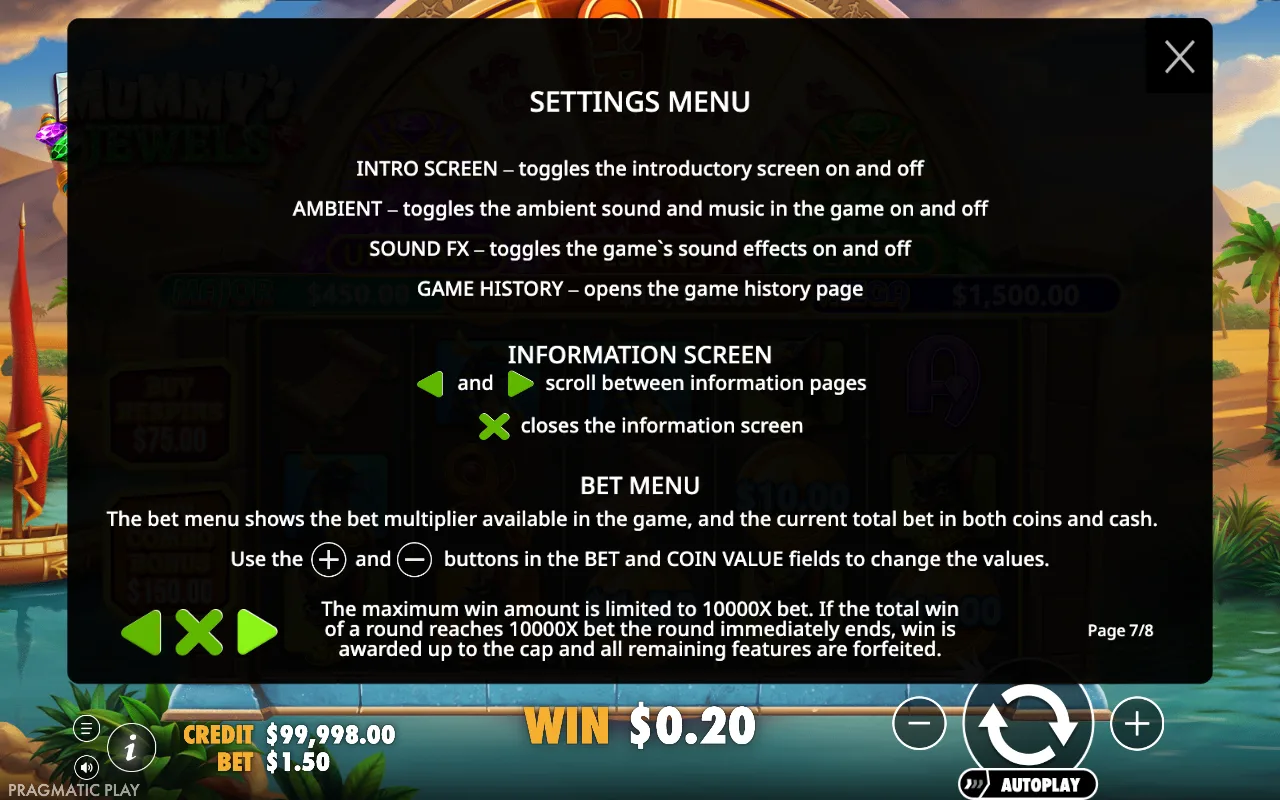 Settings menu — Mummy's Jewels