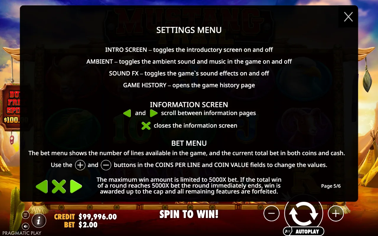 Settings menu — Mustang Trail