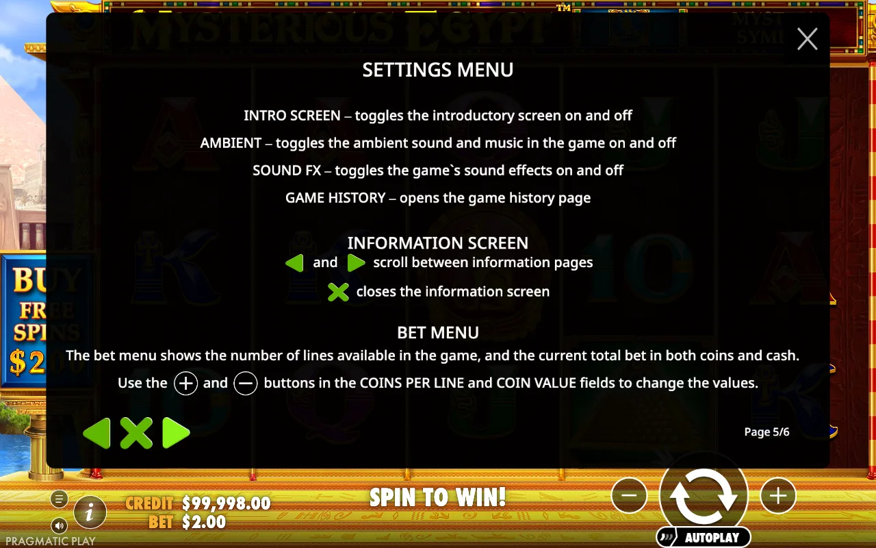 Settings menu — Mysterious Egypt