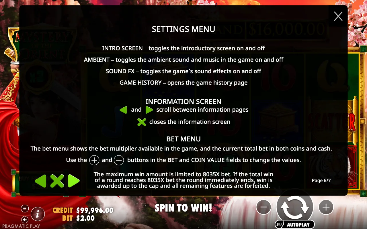 Settings menu — Mystery of the Orient