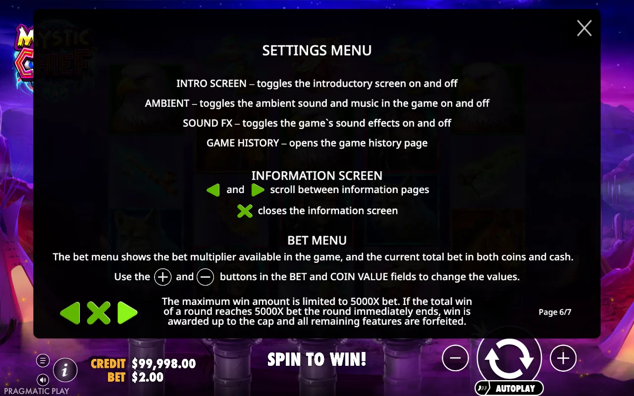Settings menu — Mystic Chief