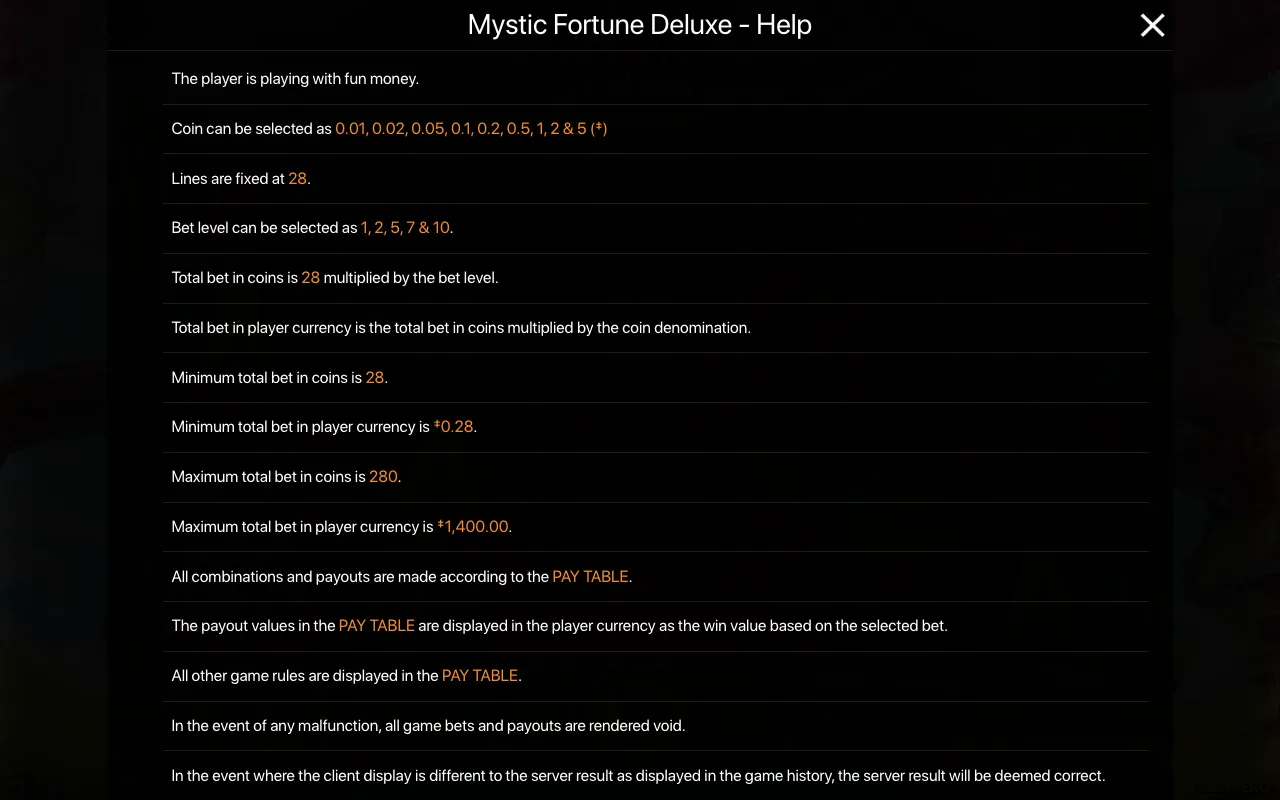 Règles du jeu, page 1 — Mystic Fortune Deluxe