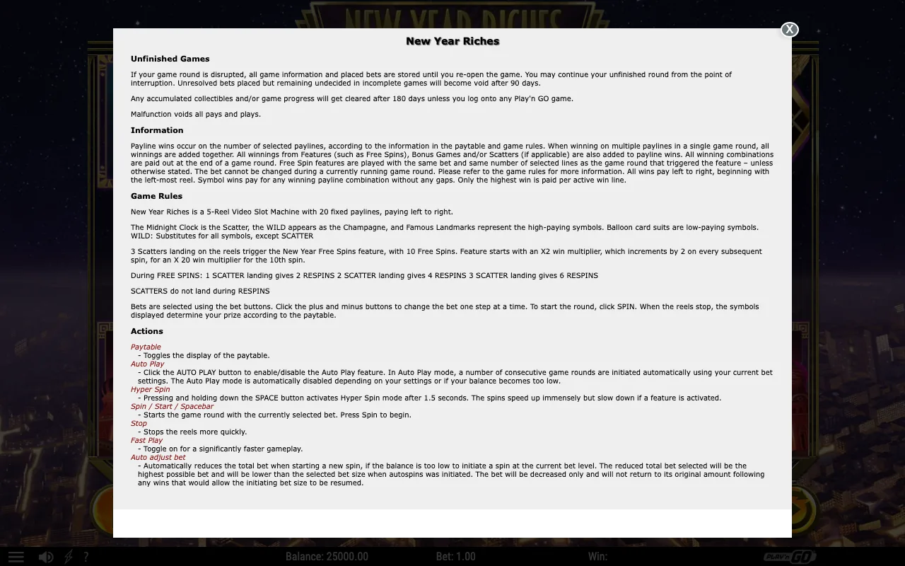 Game rules, page 1 — New Year Riches