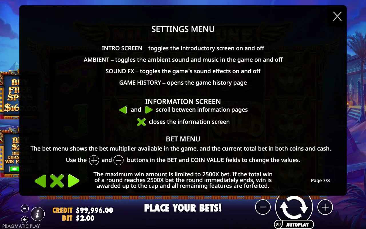 Settings menu — Nile Fortune